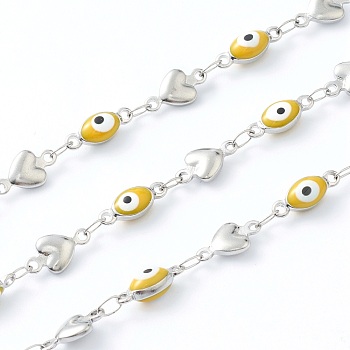 304 Stainless Steel Enamel  Link Chains, Evil Eye & Heart Link, Unwelded, with Spool, Stainless Steel Color, Yellow, Evil Eye: 11x4x3mm, Heart: 10x6x2mm,  16.4 Feet(5m)/roll