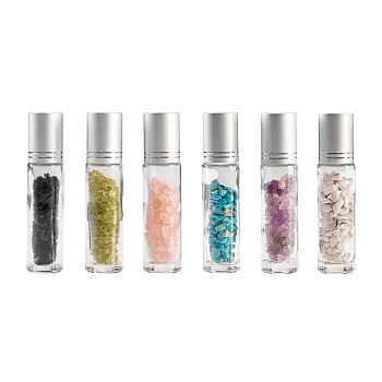 Glass Roller Ball Bottles, Refillable Perfume Bottle, with Natural/Synthetic Mixed Stone Chip Beads, for Personal Care, 8.6x1.9x8.6cm, 6 colors, 1pc/color, 6pcs/box