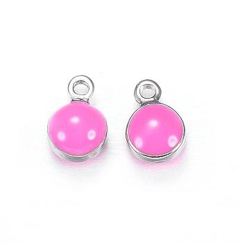304 Stainless Steel Enamel Charms, Enamelled Sequins, Flat Round, Pearl Pink, 7x4.5x3mm, Hole: 1mm