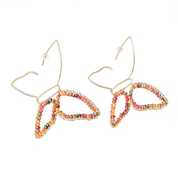 Butterfly Glass Beads Dangle Earrings for Girl Women, Brass Wire Wrapped Earrings, Golden, FireBrick, 72x78x3mm, Pin: 0.8mm