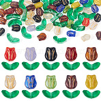 100Pcs 2 Styles Transparent Glass Beads, Tulip Flower/Leaf, Mixed Color, 6.5~9x7~14x4.5~5mm, Hole: 0.9~1mm, 50pcs/style(GLAA-TA0003-93)