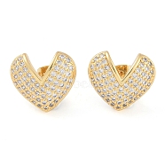 Brass Pave Clear Cubic Zirconia Stud Earrings for Women, Heart, Real 18K Gold Plated, 14x16mm(EJEW-S225-09G-03)