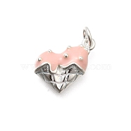 925 Sterling Silver Enamel Heart Ice Cream Charms, with Jump Rings, Silver Color Plated, Pink, 8x11.5x3.2mm, Hole: 2.5mm(STER-H116-03S-01)