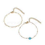 2Pcs 2 Style Brass Paperclip Chains & 304 Stainless Steel Satellite Chains Bracelets Set, Lampwork Evil Eye Beads Bracelets for Women, Golden, Dodger Blue, 6-1/4 inch(15.8cm), 1Pc/style(BJEW-JB08620-02)
