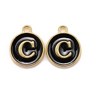 Golden Plated Alloy Charms, Cadmium Free & Lead Free, with Enamel, Enamelled Sequins, Flat Round with Letter, Black, Letter.C, 14x12x2mm, Hole: 1.5mm(ENAM-S118-02C)