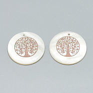 Freshwater Shell Pendants, Covered with Iron Findings, Flat Round with Tree of Life, Rose Gold, 30~31x2~3mm, Hole: 1.8mm(SHEL-Q016-019RG)