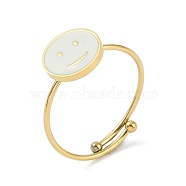 Flat Round with Smiling Face 304 Stainless Steel Enamel Ring, 316 Surgical Stainless Steel Open Cuff Ring for Women, Real 18K Gold Plated, WhiteSmoke, Adjustable(RJEW-A038-12G-01)