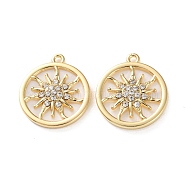 Rack Plating Alloy Pendants, with Rhinestoneand Round, Sun Charms, Golden, 21x18.5x2mm, Hole: 1.4mm(FIND-M038-10G)