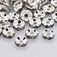 Brass Rhinestone Spacer Beads, Grade A, Wavy Edge, Silver Color Plated, Rondelle, Black Diamond, 6x3mm, Hole: 1mm(RB-A014-L6mm-12S)