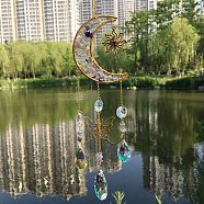 Natural Fluorite Chip & Metal Moon Hanging Suncatchers, with Glass Teardrop/Octagon and Metal Butterfly Link for Home Garden Decoration, 390mm(PW-WG15083-07)