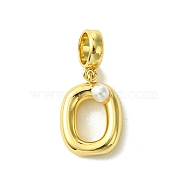 Rack Plating Brass with ABS Plastic Pearl European Dangle Charms, Large Hole Pendants, Long-Lasting Plated, Lead Free & Cadmium Free, Real 18K Gold Plated, Letter O, 22mm long, hole: 5mm, pendant: 14x10x5mm(KK-G501-02O-G)