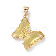 Brass Micro Pave Clear Cubic Zirconia Pendants, with Glass, Butterfly, Golden, Pale Goldenrod, 24x21.5x4mm(ZIRC-P079-D01-11)