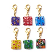 Glass Pendant Decorations, with Zinc Alloy Lobster Claw Clasps, Square, Mixed Color, 29mm(HJEW-JM01719)