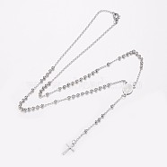 304 Stainless Steel Rosary Bead Necklaces, For Easter, with Lobster Clasps, Cross & Jesus, Stainless Steel Color, 20.8 inch(53cm)(NJEW-I205-14P)