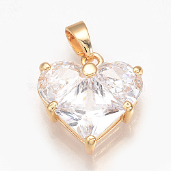 Brass Cubic Zirconia Charms, Nickel Free, Real 18K Gold Plated, Heart, Golden, 15x14x4.5mm, Hole: 3x4mm(X-ZIRC-Q002-126G)