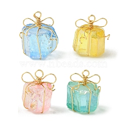 4Pcs 4 Colors Copper Wire Wrapped Electroplated Natural Quartz Cube Pendants, Gift Charms, Light Gold, Mixed Color, 13.5~15x10.5~13x10~12mm, Hole: 2mm, 1pc/color(PALLOY-TA00148)