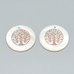Freshwater Shell Pendants, Covered with Iron Findings, Flat Round with Tree of Life, Rose Gold, 30~31x2~3mm, Hole: 1.8mm(SHEL-Q016-019RG)