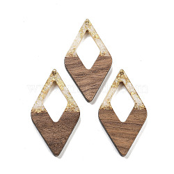 Walnut Wood Pendants, Resin and Gold foil, Rhombus, White, 47.5x25.5x3.5mm, Hole: 2mm(FIND-Z050-02I)