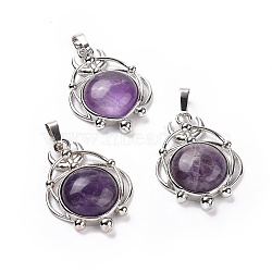 Natural Amethyst Pendants, Half Round Charms, with Rack Plating Platinum Tone Brass Planet, 34x25x8mm, Hole: 8x5mm(G-P496-05P-20)