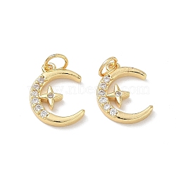 Brass Micro Pave Clear Cubic Zirconia Charms, Moon with Star Charms, Rack Plating ,Long-Lasting Plated, Lead Free & Cadmium Free, Real 18K Gold Plated, 15x11x2mm, Hole: 4mm(CU-CBA9FFD-08G)