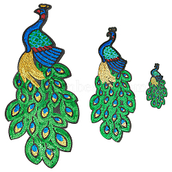 3Pcs 3 Styles Peacock PVC Sequin Iron on Cloth Patches, Embroidery Appliques, Sewing Craft Decoration, Green, 162~608x70~222x1mm, 1pc/style(PATC-FG0001-94)