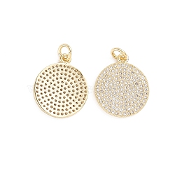 Brass Micro Pave Cubic Zirconia Pendants, with Jump Ring, Flat Round, Clear, Golden, 18x15.5x1.5mm, Hole: 3mm(ZIRC-E164-39G)