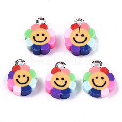 Handmade Polymer Clay Charms, with Platinum Tone Iron Findings, Flower with Smile, Rainbow Color 13~14.5x10~12x3~4mm, Hole: 1.8mm(X-CLAY-T016-48)