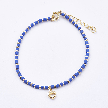 Brass Charms Bracelets, with Synthetic Turquoise Beads and Spring Clasps, 12K Gold Plated, Heart, Blue, 6-1/2 inch(165mm)