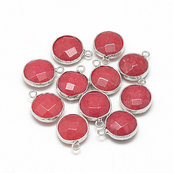 Natural White Jade Pendants, with Brass Findings, Faceted, Dyed, Flat Round, Platinum, Indian Red, 19~21x15~16x6~7mm, Hole: 2mm