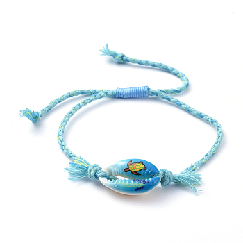 Adjustable Braided Bead Bracelets, with Printed Cowrie Shell Beads and Cotton Cord, Sea Turtle Pattern, Inner Diameter: 3/4 inch~3 inch(2.1~7.8cm)