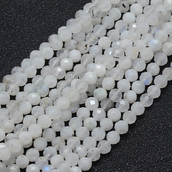 Natural Rainbow Moonstone Beads Strands, Round, Faceted, 4mm, Hole: 0.7mm, about 94pcs/strand, 15.35 inch(39cm)