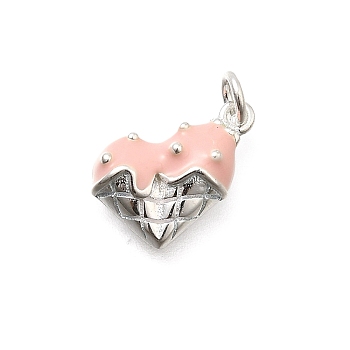 925 Sterling Silver Enamel Heart Ice Cream Charms, with Jump Rings, Silver Color Plated, Pink, 8x11.5x3.2mm, Hole: 2.5mm