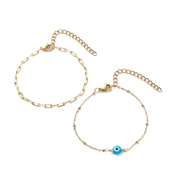 2Pcs 2 Style Brass Paperclip Chains & 304 Stainless Steel Satellite Chains Bracelets Set, Lampwork Evil Eye Beads Bracelets for Women, Golden, Dodger Blue, 6-1/4 inch(15.8cm), 1Pc/style
