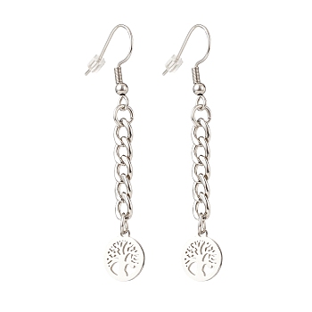 Curb Chains with Charm Long Dangle Earrings, 304 Stainless Steel Jewelry for Women, Tree of Life Pattern, 57mm, Pin: 0.7mm, Pendant: 12x10x1mm