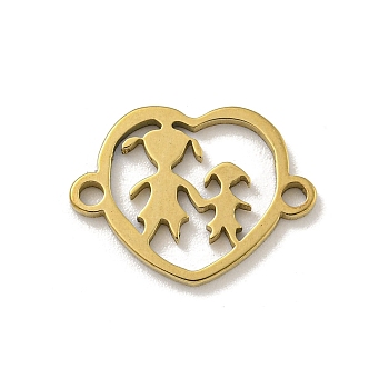 Ion Plating(IP) Mother's Day 201 Stainless Steel Hollow Connector Charms, Heart Links with Mother & Daughter, Real 18K Gold Plated, 11.5x15.5x1mm, Hole: 1.4mm