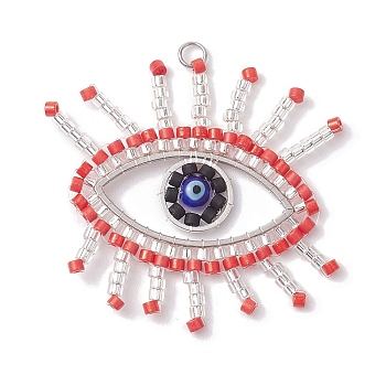 Glass Seed Beaded Pendants, with Handmade Evil Eye Lampwork Round Beads, Eye, Red, 36x37x4mm, Hole: 2.8mm