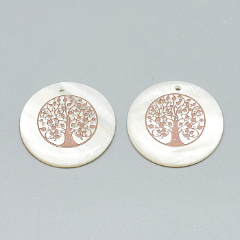 Freshwater Shell Pendants, Covered with Iron Findings, Flat Round with Tree of Life, Rose Gold, 30~31x2~3mm, Hole: 1.8mm