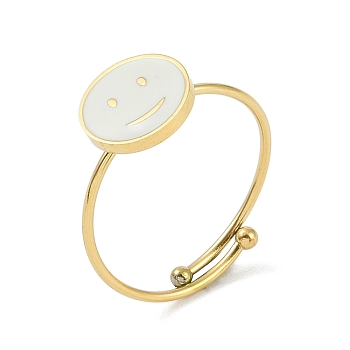 Flat Round with Smiling Face 304 Stainless Steel Enamel Ring, 316 Surgical Stainless Steel Open Cuff Ring for Women, Real 18K Gold Plated, WhiteSmoke, Adjustable