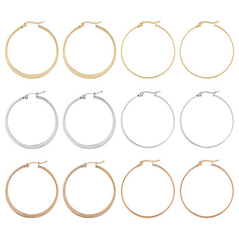 Pandahall 6 Pairs 6 Style 304 Titanium Steel Flattened Big Hoop Earrings for Women, Mixed Color, 42x40x2~3mm, Pin: 1x0.7mm, 1 pair/style