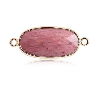 Natural Rhodonite Connector Charms, with Golden Tone Brass Edge, Faceted, Oval Links, 22x12mm