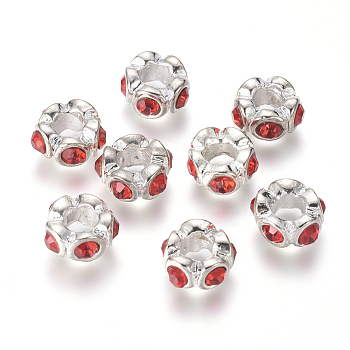 Alloy European Beads, with Rhinestone, Large Hole Beads, Column, Hyacinth, Silver Color Plated, 11x5.5mm, Hole: 4.5mm