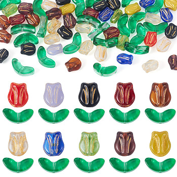 100Pcs 2 Styles Transparent Glass Beads, Tulip Flower/Leaf, Mixed Color, 6.5~9x7~14x4.5~5mm, Hole: 0.9~1mm, 50pcs/style