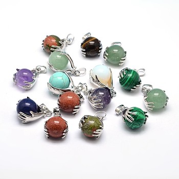Palm Platinum Plated Brass Natural & Synthetic Mixed Stone Pendants, Cadmium Free & Lead Free, 27x19x16mm, Hole: 4x8mm