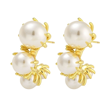 Rack Plating C-Shaped Brass Stud Earrings, with ABS Imitation Pearl, Long-Lasting Plated, Cadmium Free & Lead Free, Real 18K Gold Plated, 31x14mm