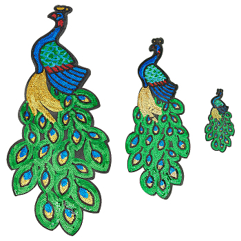 3Pcs 3 Styles Peacock PVC Sequin Iron on Cloth Patches, Embroidery Appliques, Sewing Craft Decoration, Green, 162~608x70~222x1mm, 1pc/style