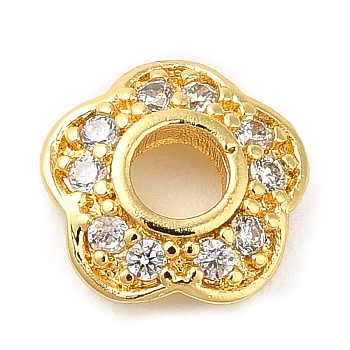 Rack Plating Brass Micro Pave Cubic Zirconia Bead Caps, Cadmium Free & Lead Free, 5-Petal Flower, Real 18K Gold Plated, 8x2mm, Hole: 2.8mm