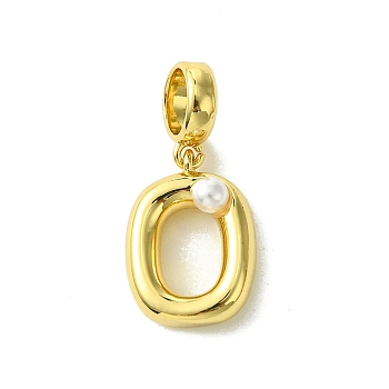 Rack Plating Brass with ABS Plastic Pearl European Dangle Charms, Large Hole Pendants, Long-Lasting Plated, Lead Free & Cadmium Free, Real 18K Gold Plated, Letter O, 22mm long, hole: 5mm, pendant: 14x10x5mm