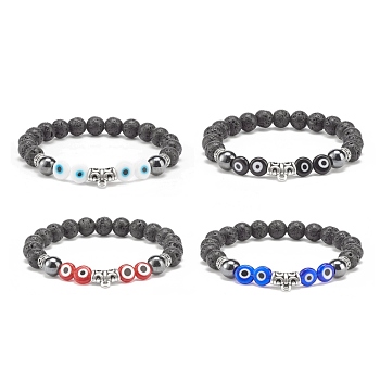 Natural Lava Rock & Synthetic Hematite Stretch Bracelet with Lampwork Evil Eye Beaded, Essential Oil Gemstone Jewelry for Women, Mixed Color, Inner Diameter: 2 inch(5.15cm)