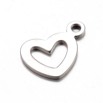 201 Stainless Steel Open Charms, Heart, Stainless Steel Color, 12.5x14x1mm, Hole: 1.5mm