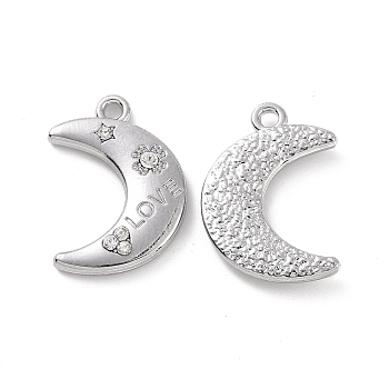 Alloy Crystal Rhinestone Pendants, Moon with Clover & Star & Word Love Pattern Charms, Platinum, 22x15.5x3mm, Hole: 1.8mm